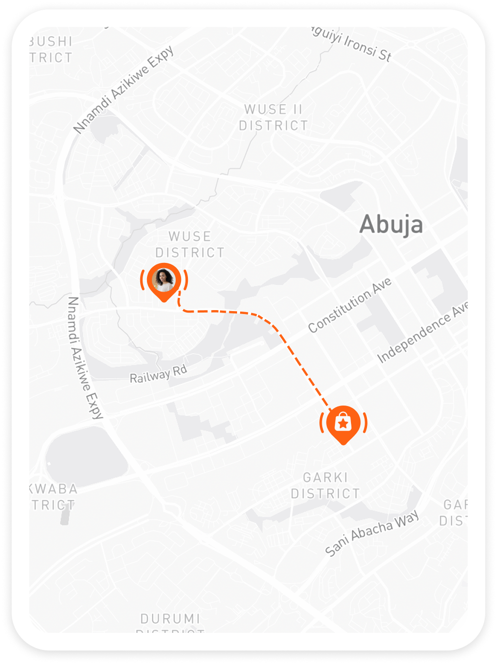 Live delivery route map showing orange dashed route across Abuja with 80 minute ETA